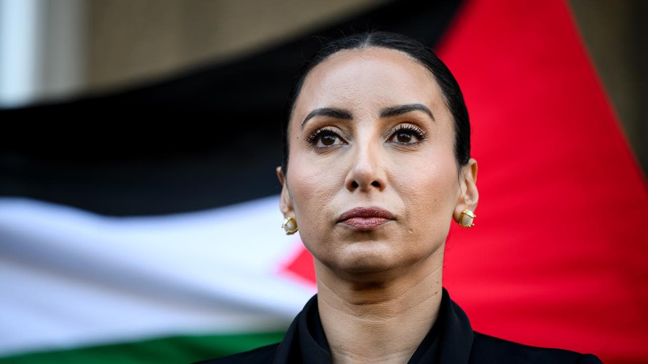 A Palestinian flag is seen behind Antoinette Lattouf