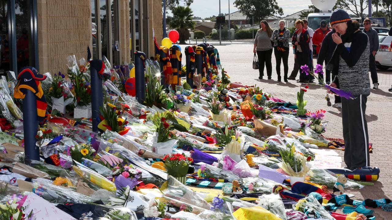 A flower memorial out the front of the Adelaide Football Club.