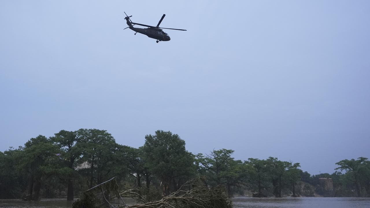 Helicopter over the Guadalupe River in Texas after a flash flood