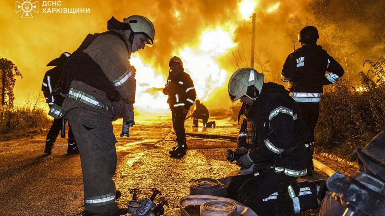 Fire at the site of a Russian drone attack in Chuhuiv in Ukraine