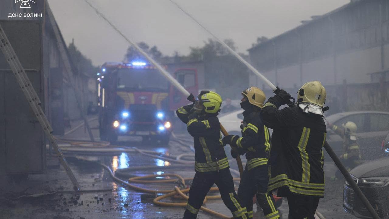 Firefighters after a Russian attack in the Volyn region, Ukraine