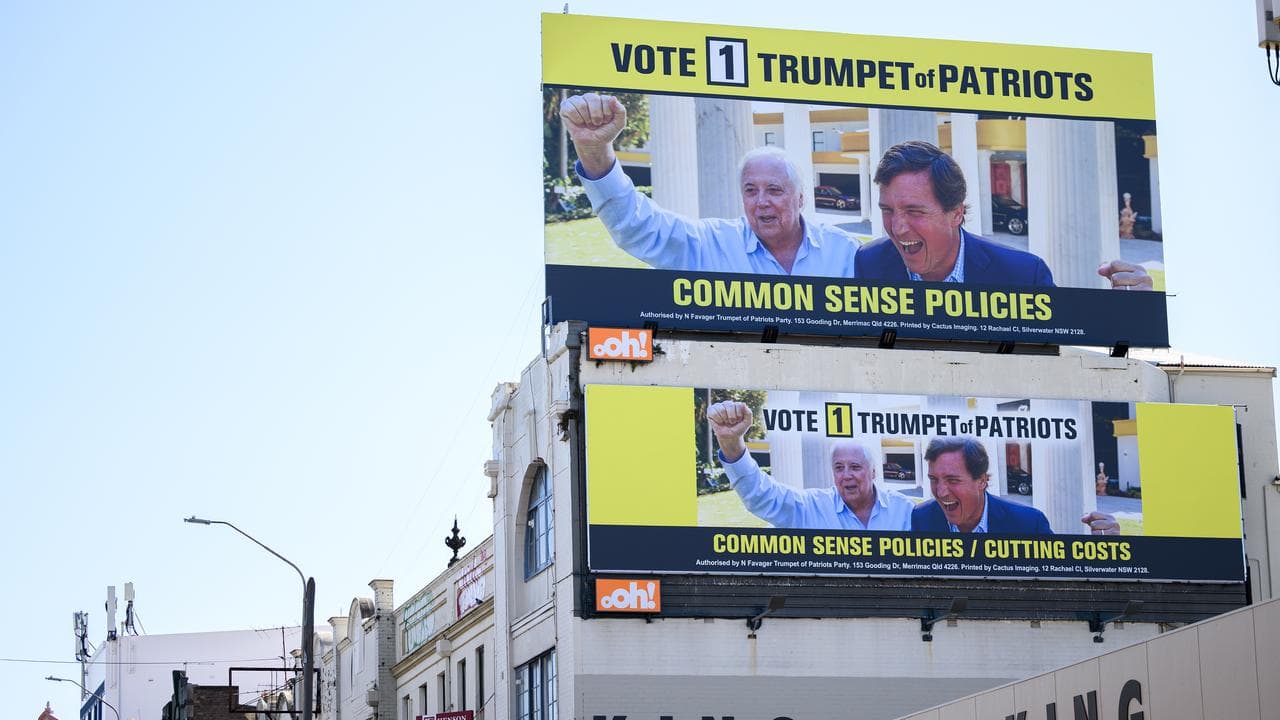 A billboard advertising Clive Palmer’s Trumpet of Patriots