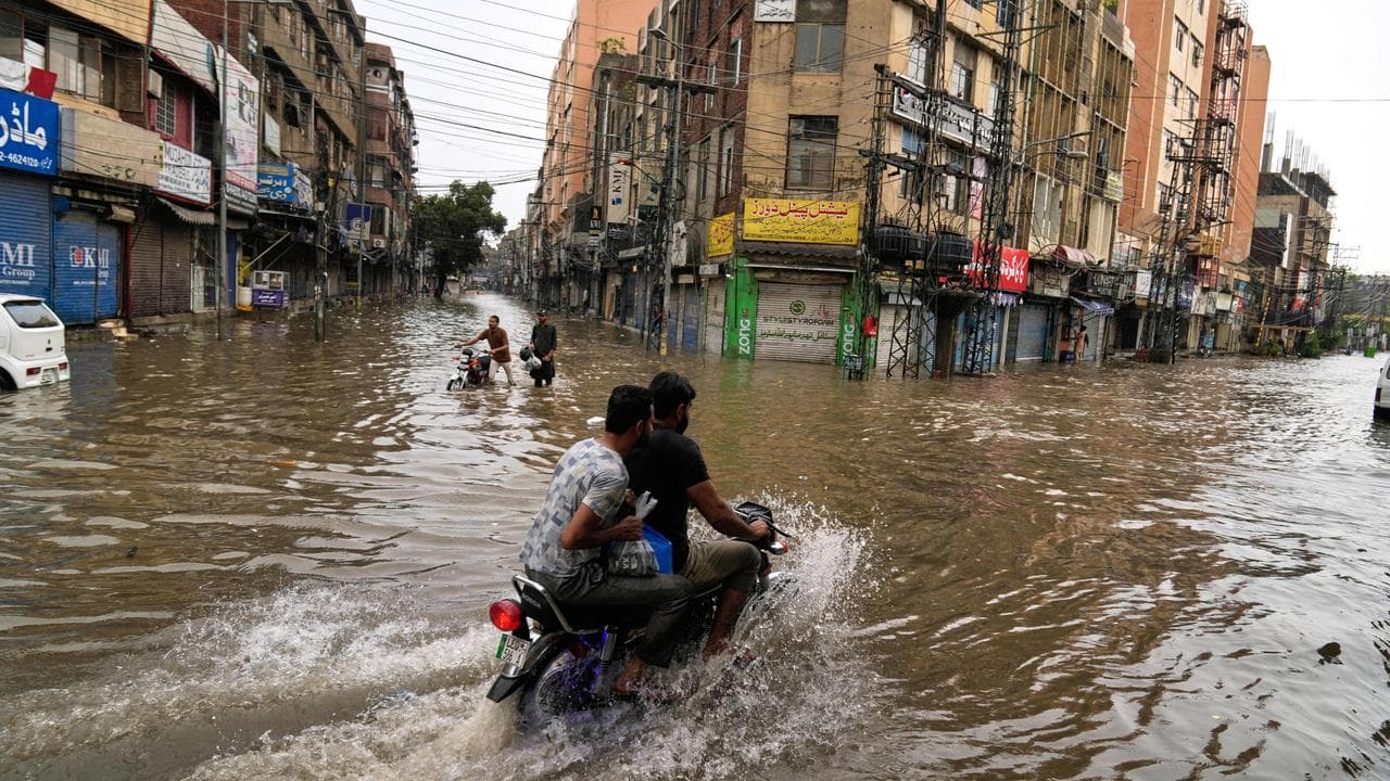 A flooded road in Lahore, Pakistan