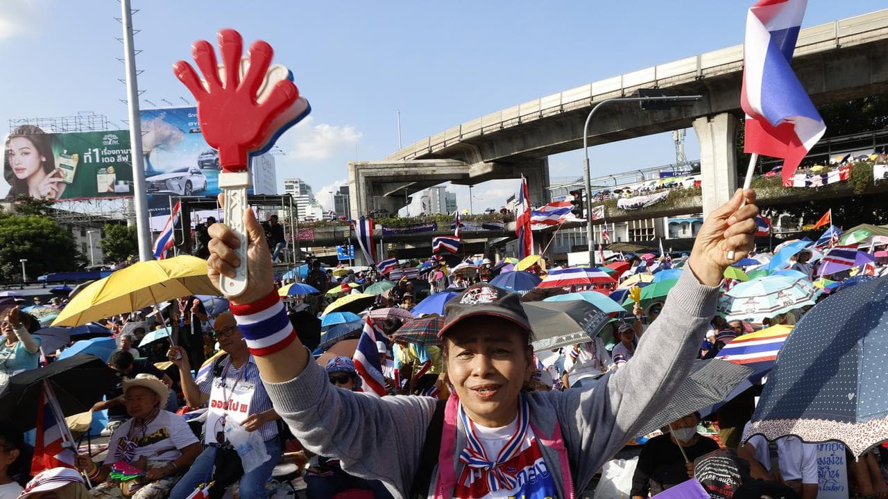 A Thai protester with a flag