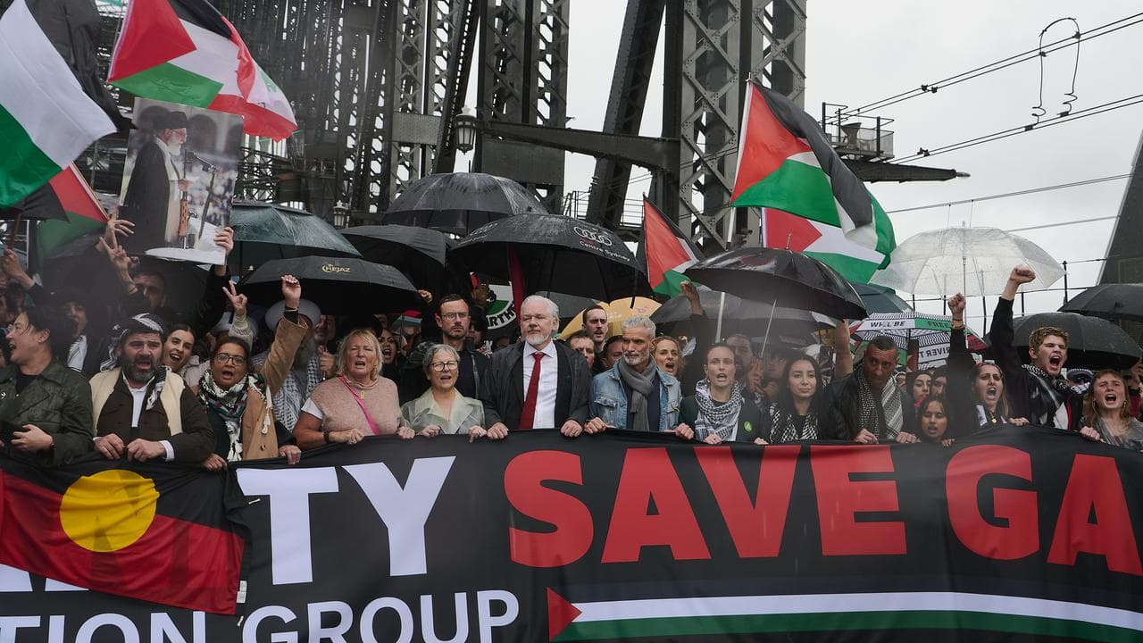 Julian Assange at the front of the Sydney march