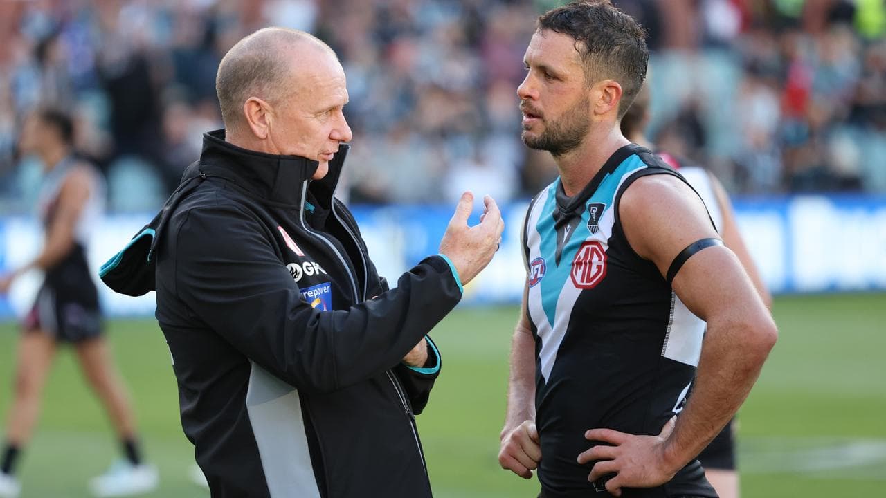 Port Adelaide coach Ken Hinkley and former skipper Travis Boak