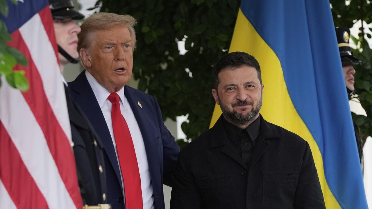 President Donald Trump greets Ukraine's President Volodymyr Zelenskiy
