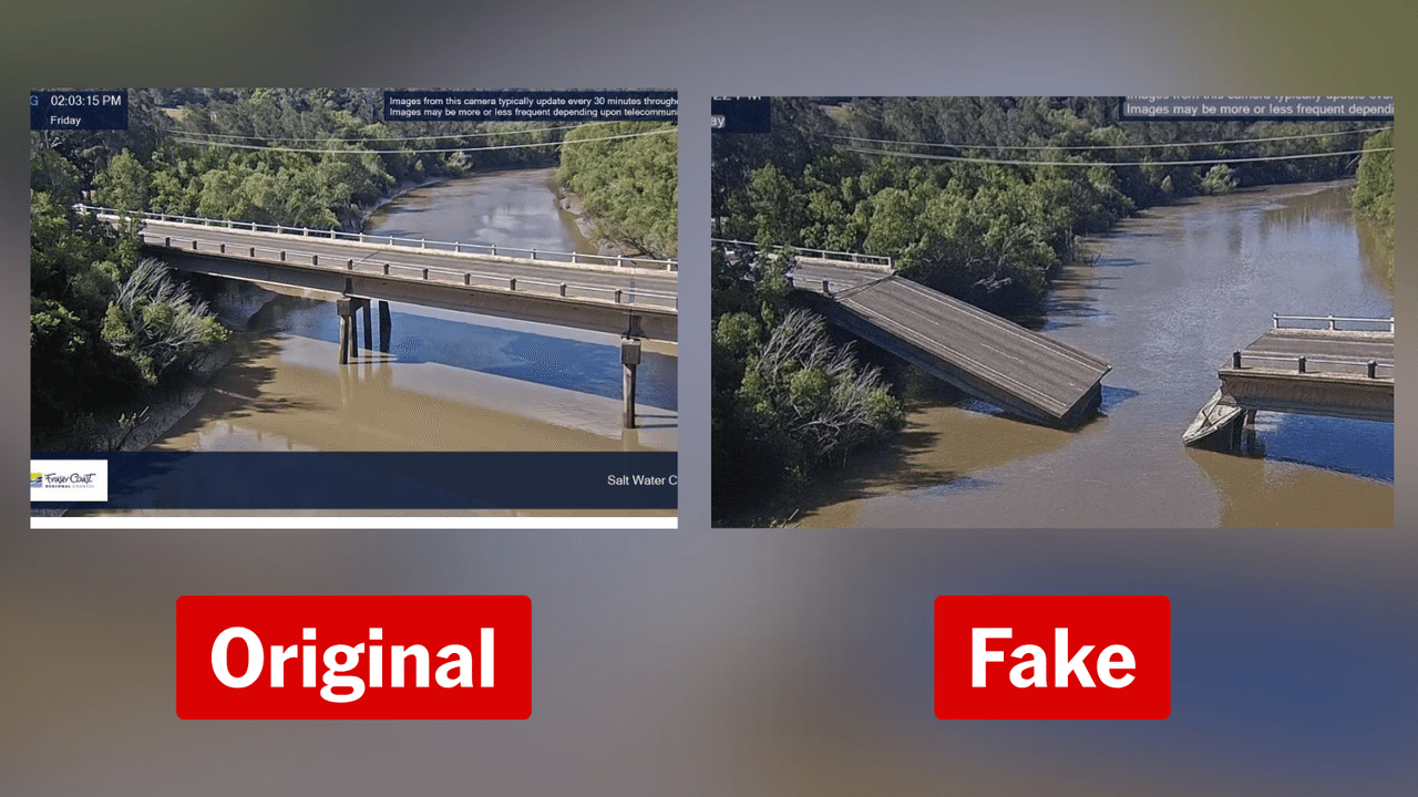 Side by side screenshots of the Saltwater Creek Bridge in Queensland.