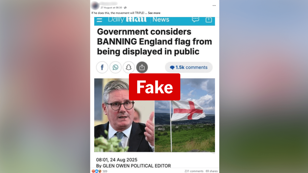 Facebook post with fake Daily Mail headline: UK Gov to ban flags