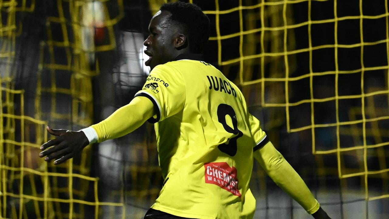Bul Juach of Heidelberg United celebrates scoring a goal.