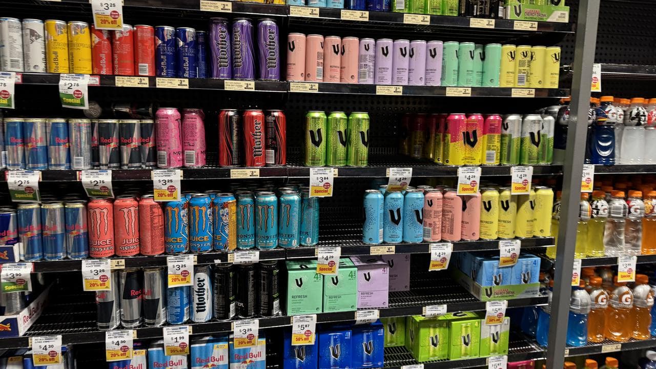 Energy drinks in a supermarket