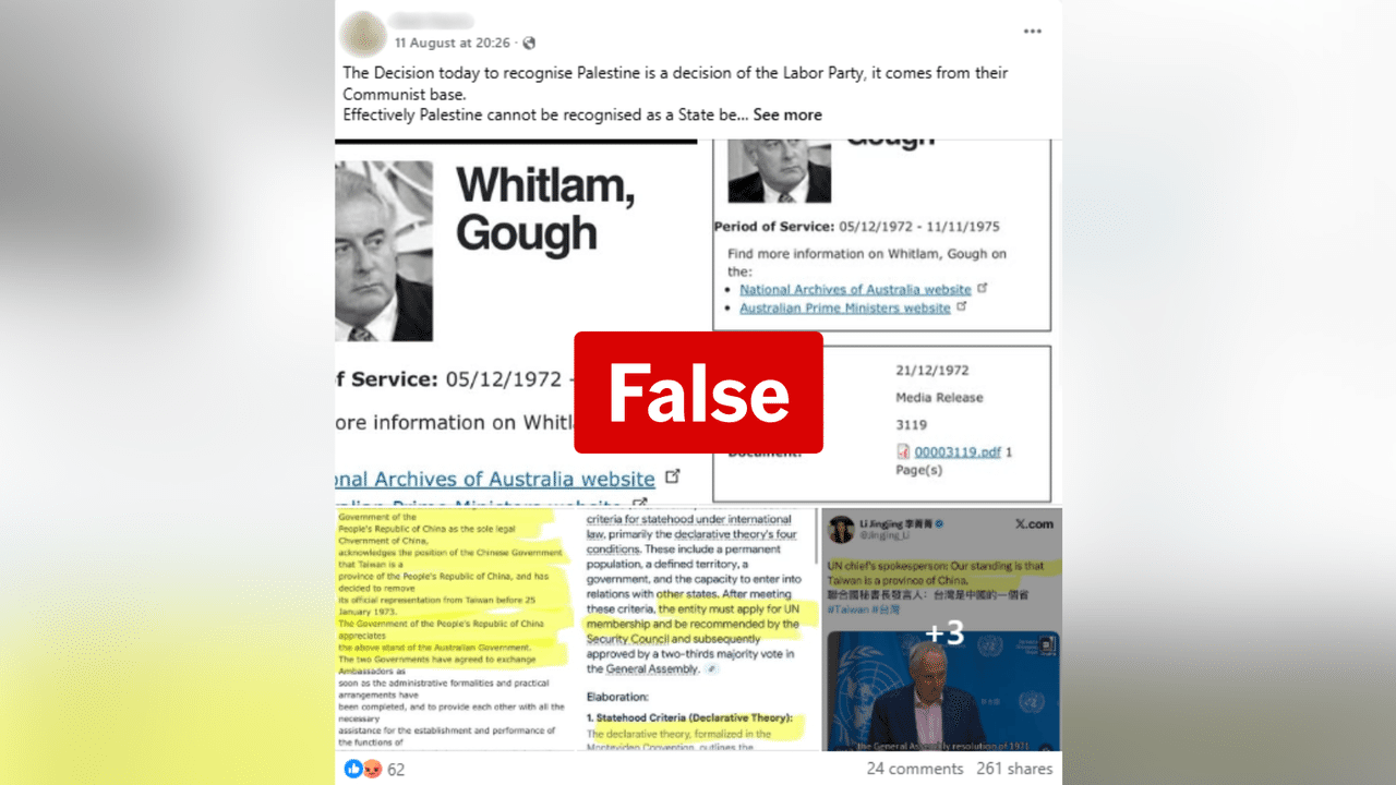 Facebook post claims communist Labor recognising Palestine as a state