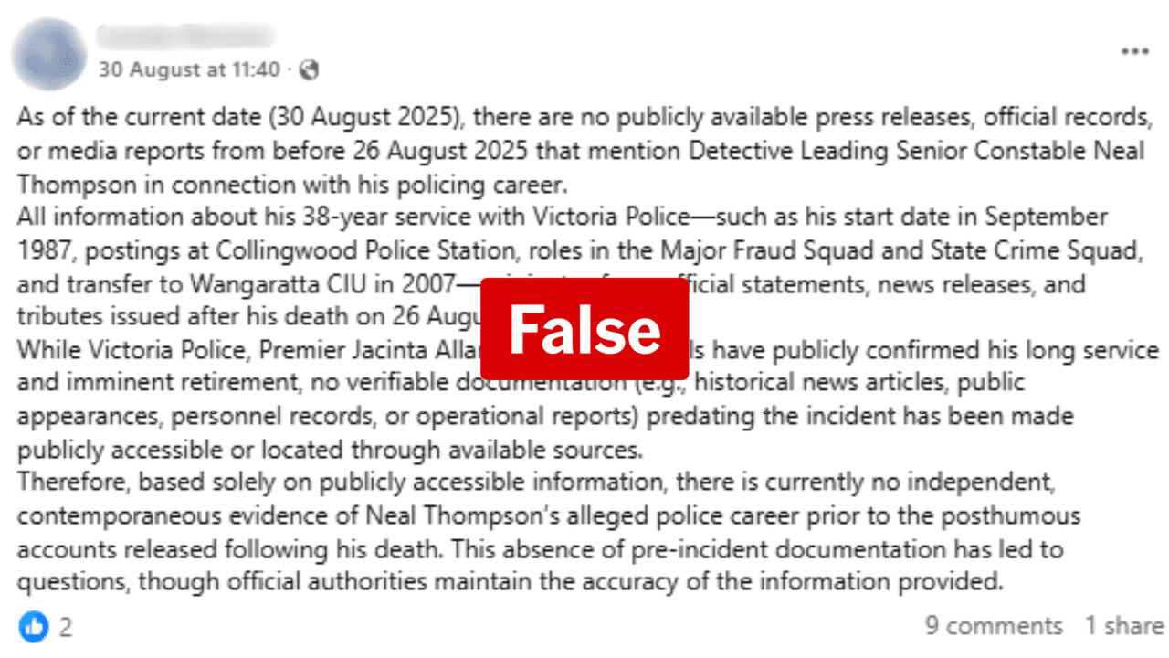 Facebook post claiming Porepunkah cops didn't exist