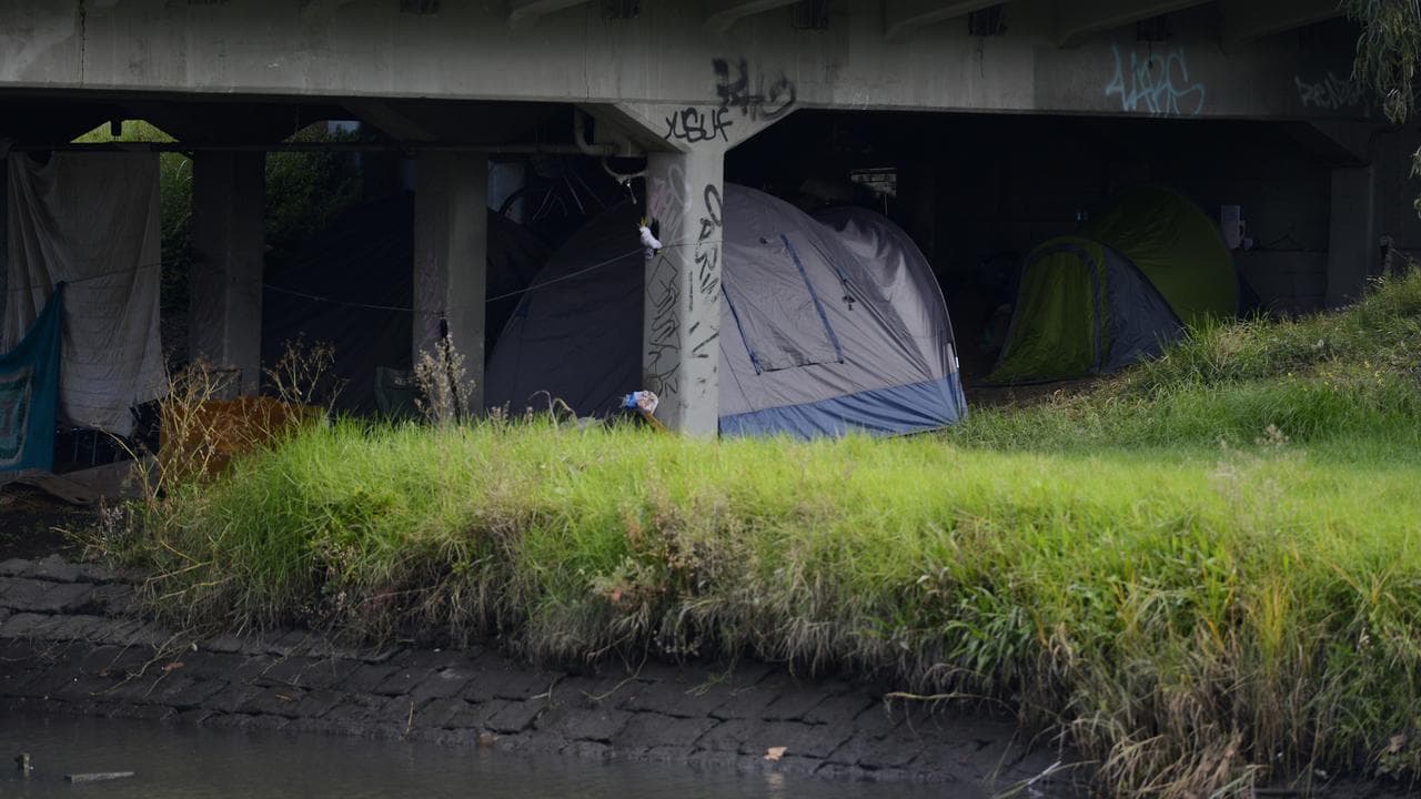 Homeless people camp under a bridge (file image)