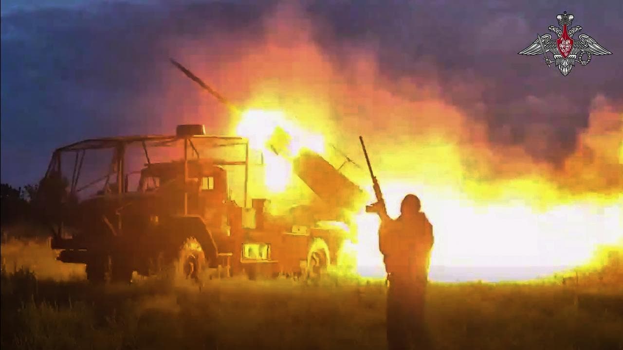 Russian rocket launcher fires towards a Ukrainian position