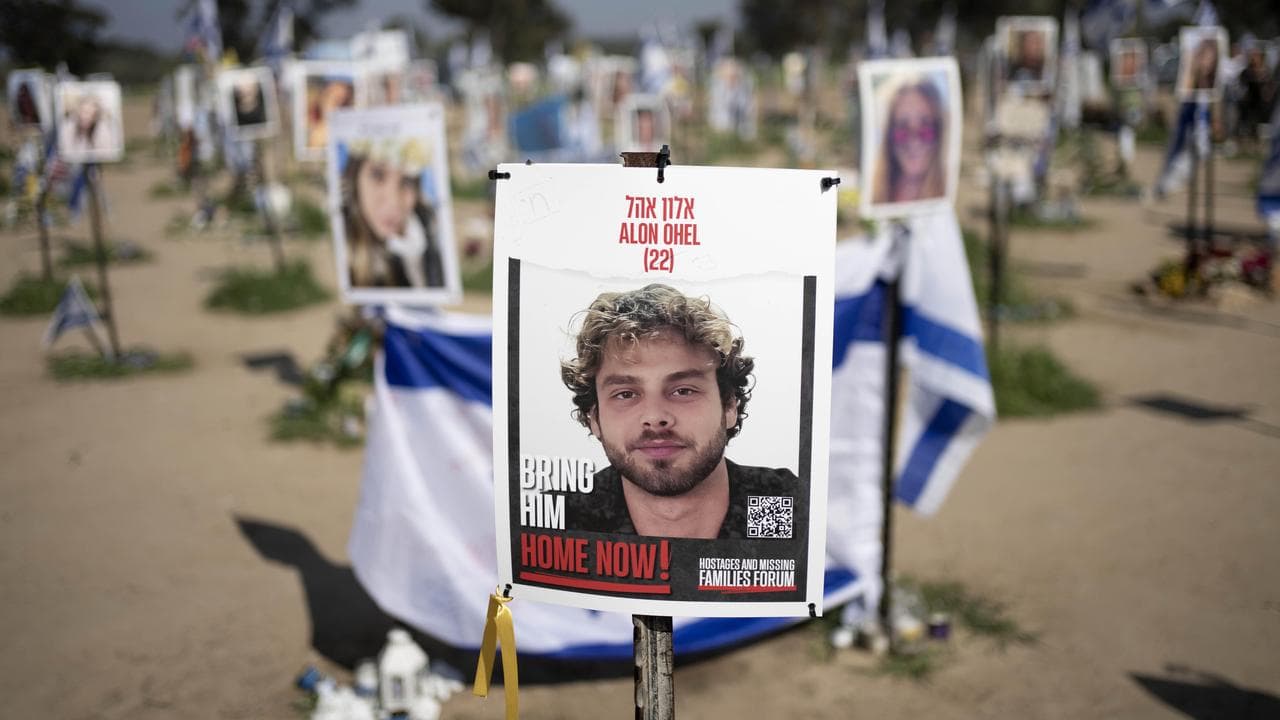 A poster depicting Israeli hostage Alon Ohel