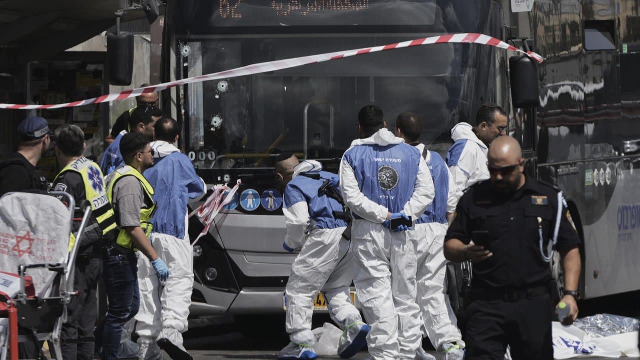 Scene of a shooting attack at a bus stop in Jerusalem, Israel
