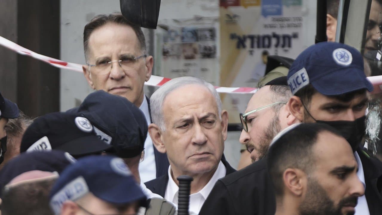 Benjamin Netanyahu at the scene of a shooting in Jerusalem