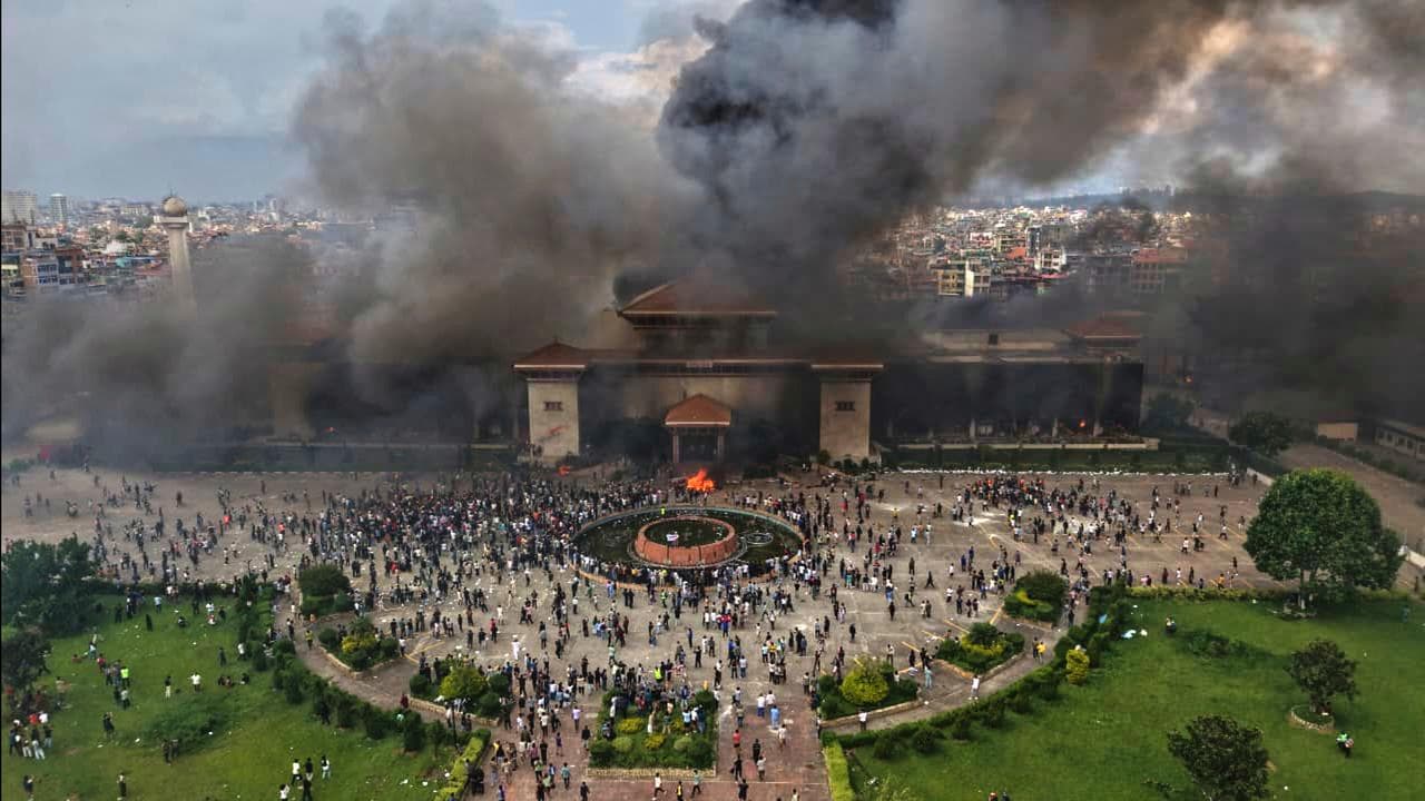 Nepal's parliament burns during protests in Kathmandu