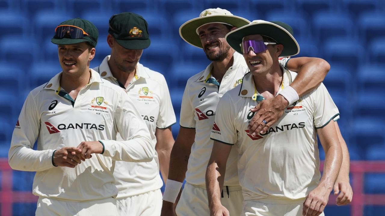 (L-R) Sam Konstas, Beau Webster, Mitchell Starc, Pat Cummins.