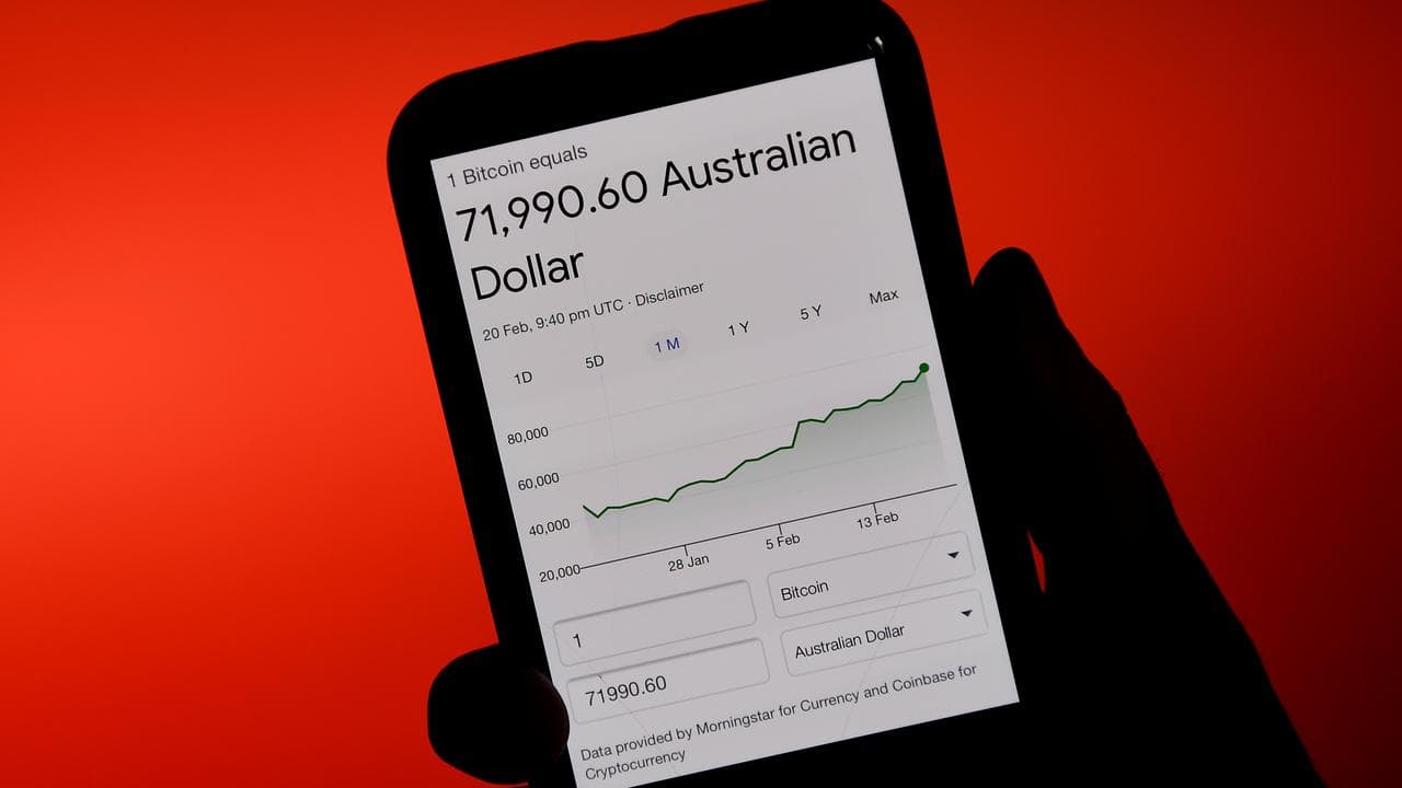 Bitcoin price in Australian dollars seen on a smartphone