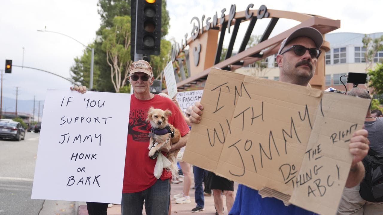 People in Los Angeles protest the axing of Jimmy Kimmel's show