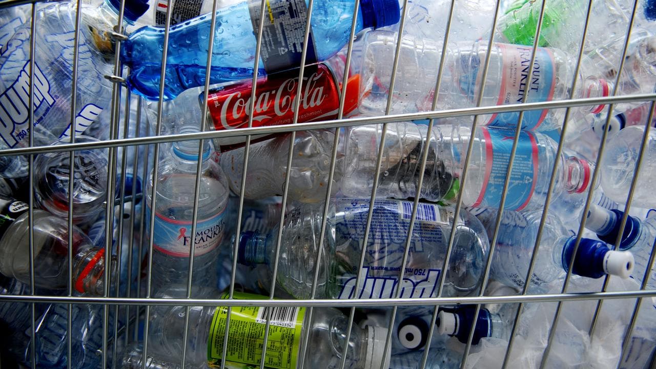 Empty plastic bottles are packed into trolleys