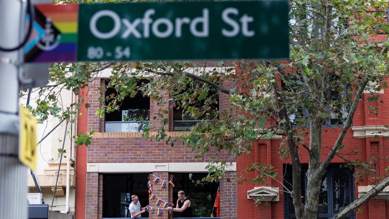 Preparing for Gay and Lesbian Mardi Gras parade on Oxford Street