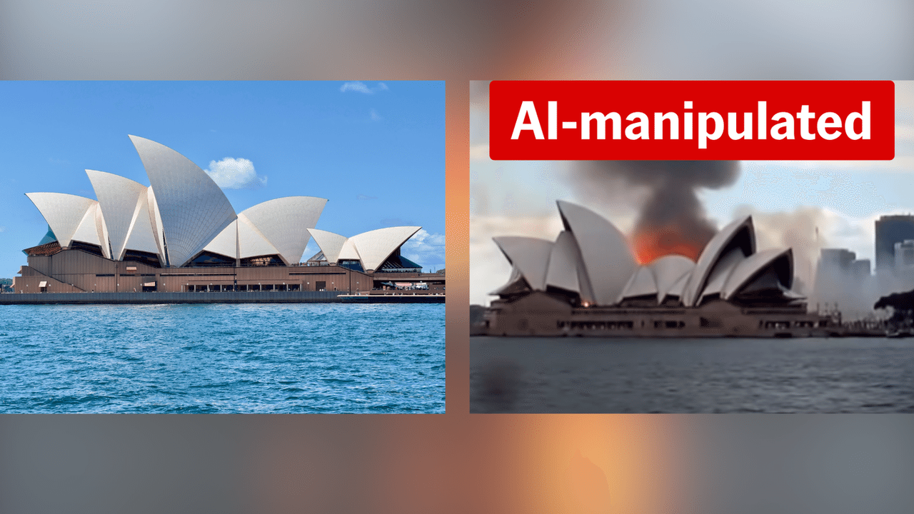 A screenshot of a Facebook post next to an image of the Opera House.