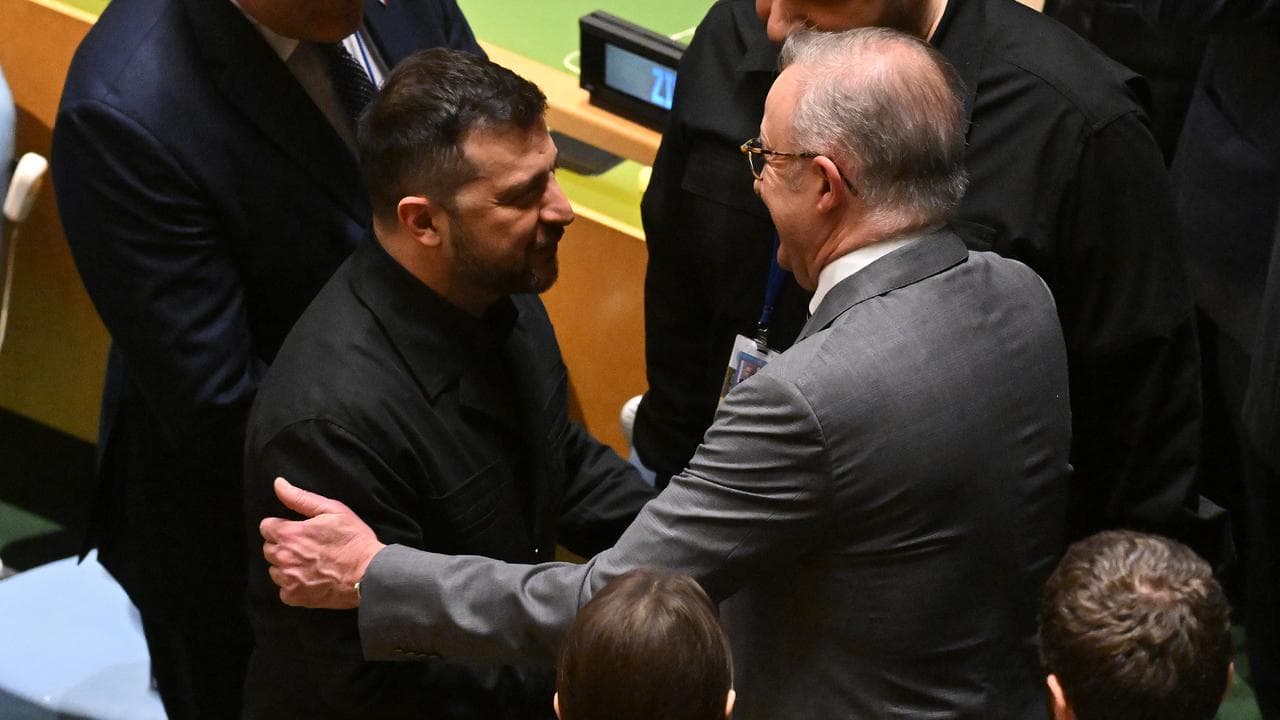 Volodymyr Zelenskiy and Anthony Albanese at the UN