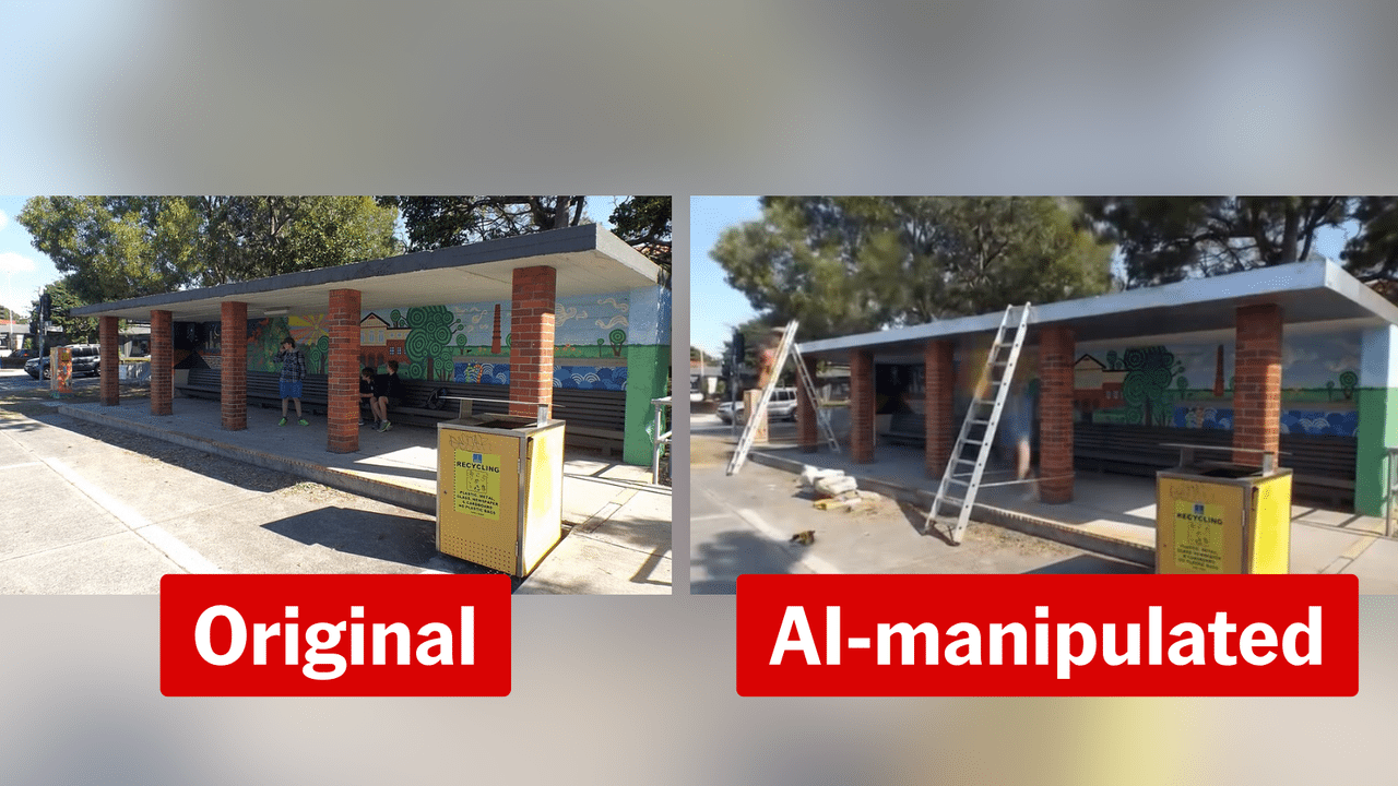 Comparison of real and AI image of Brisbane bus shelter