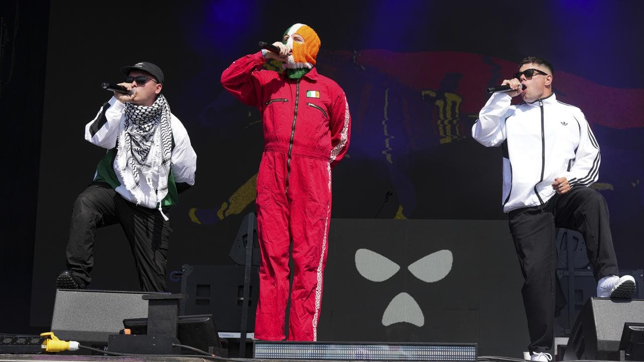 Hip hop trio Kneecap perform during the Glastonbury Festival