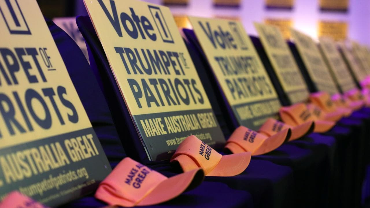 Signs and merchandise are seen for the Trumpet of Patriots