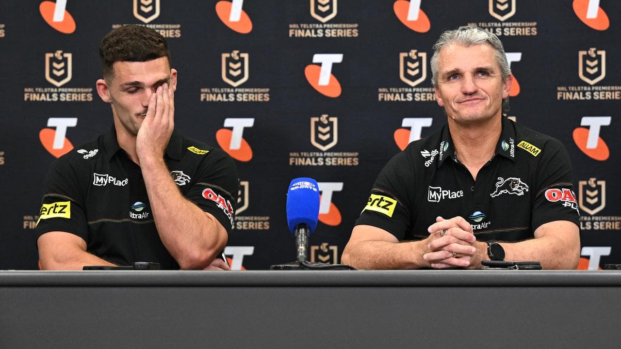 Nathan and Ivan Cleary front the media.