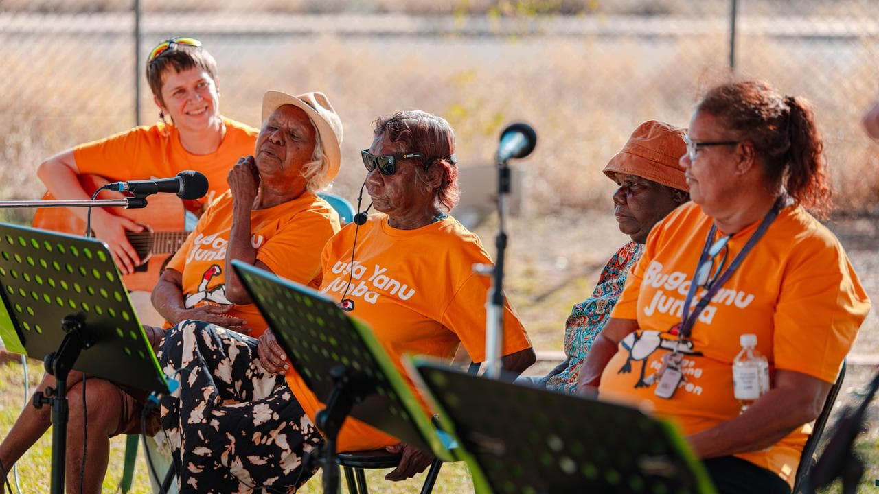 Elders perform at the launch of the Buga Yanu Junba songbook