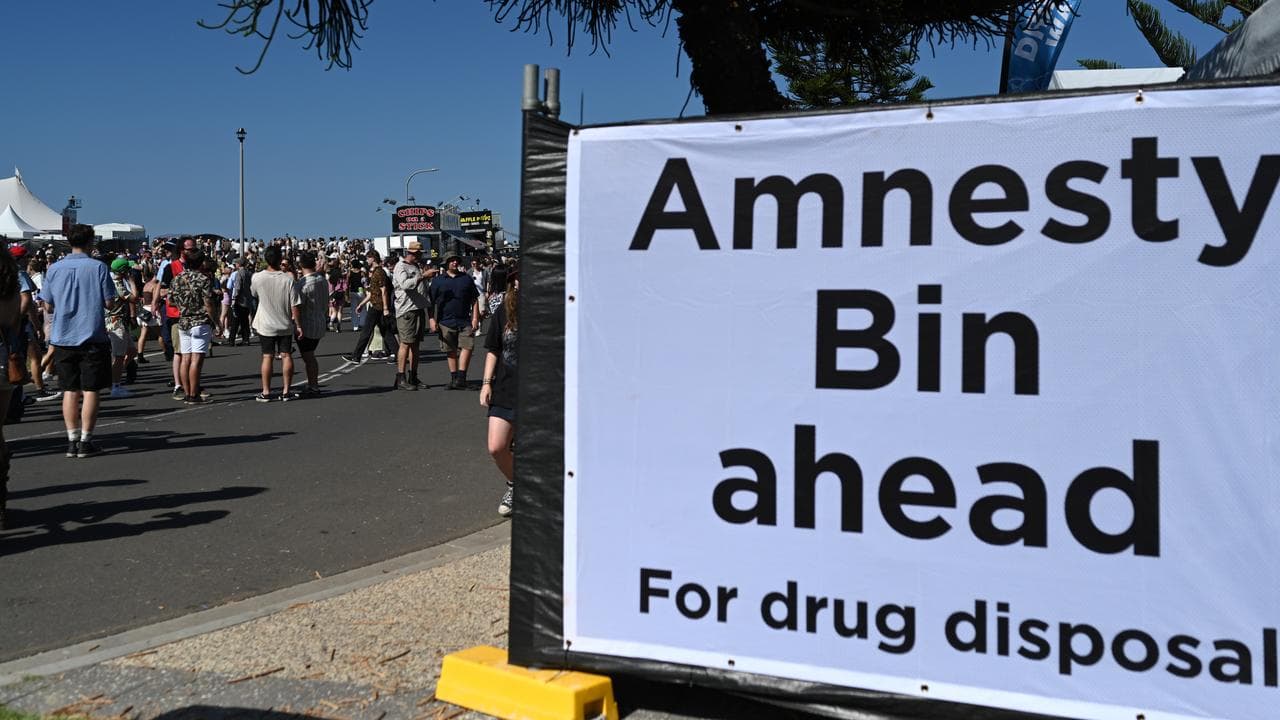 A drug amnesty bin sign near a pill testing trial site