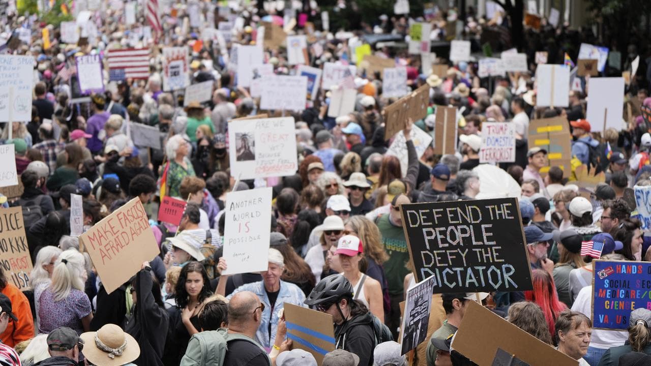 Demonstrators in a "No Kings" protestin Portland, Oregon