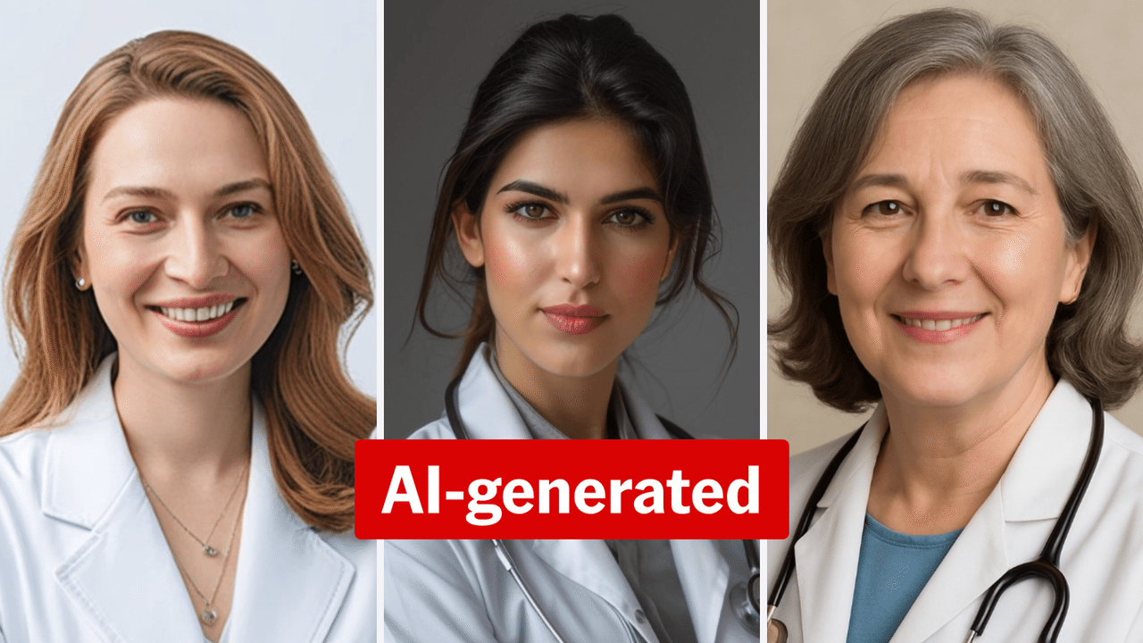 A picture of three AI-generated images of doctors.