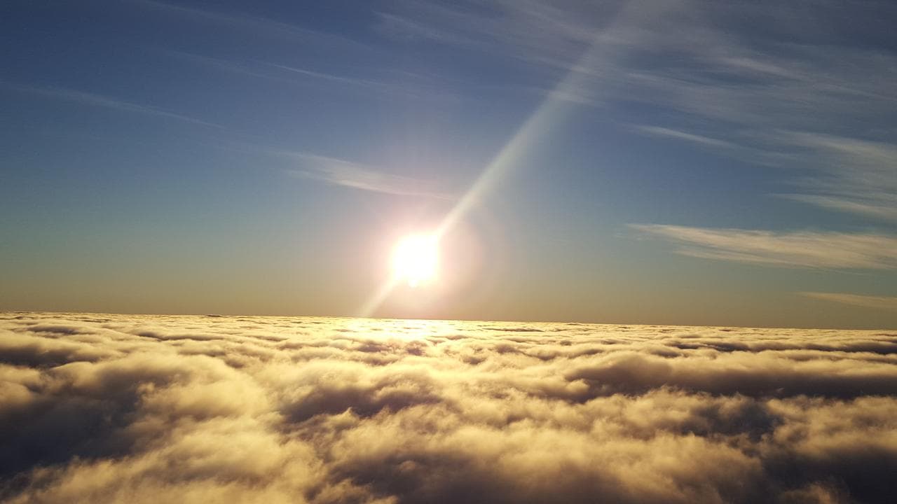 A photo of the sun rising over a thick bank of clouds.