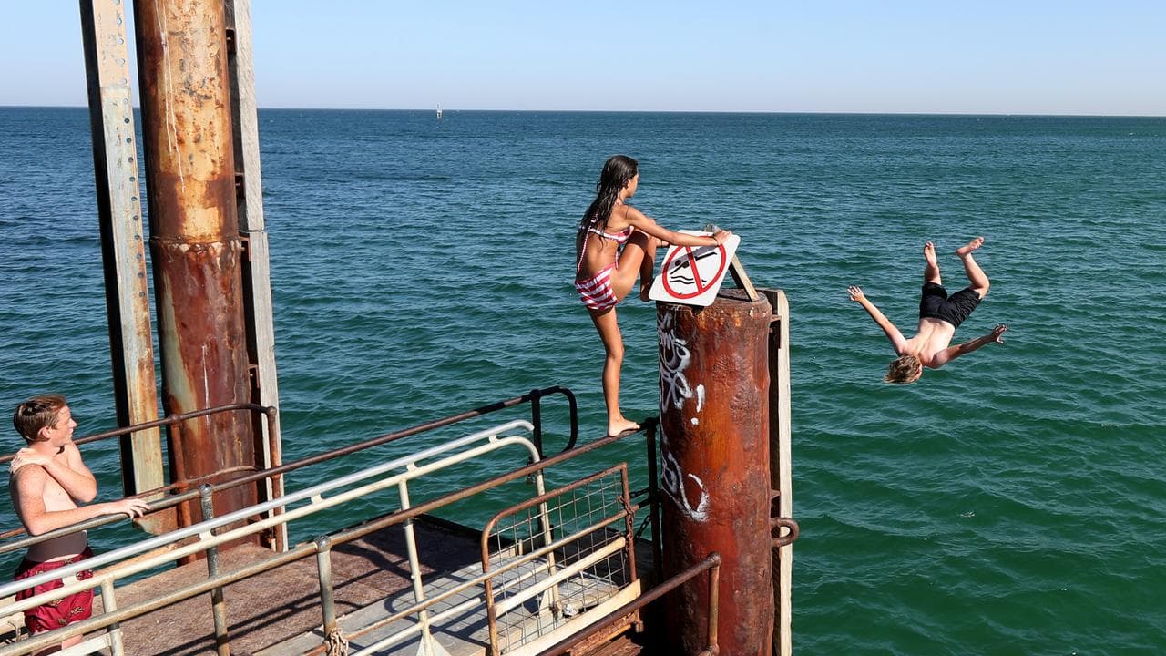 A photo of children jumping off a jetty in Adelaide.
