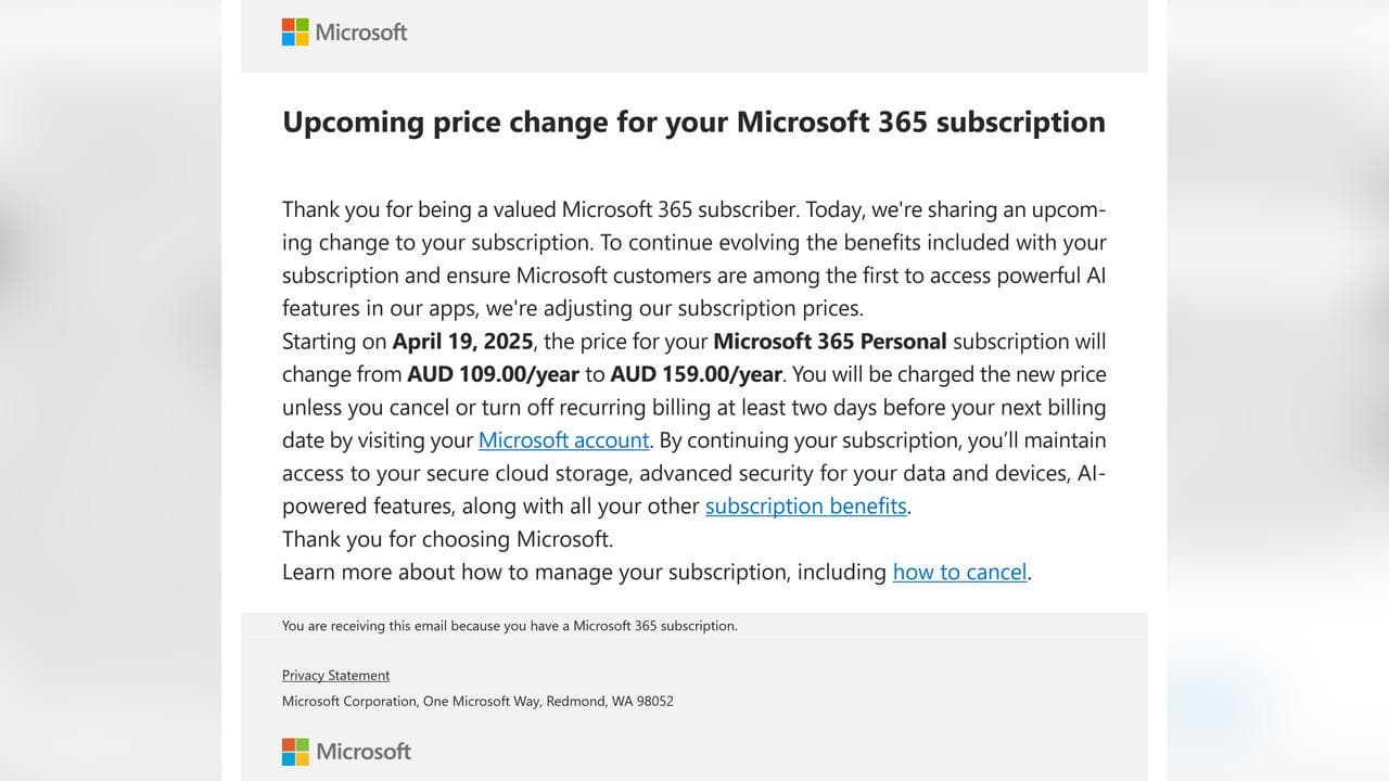 A Microsoft email to subscribers