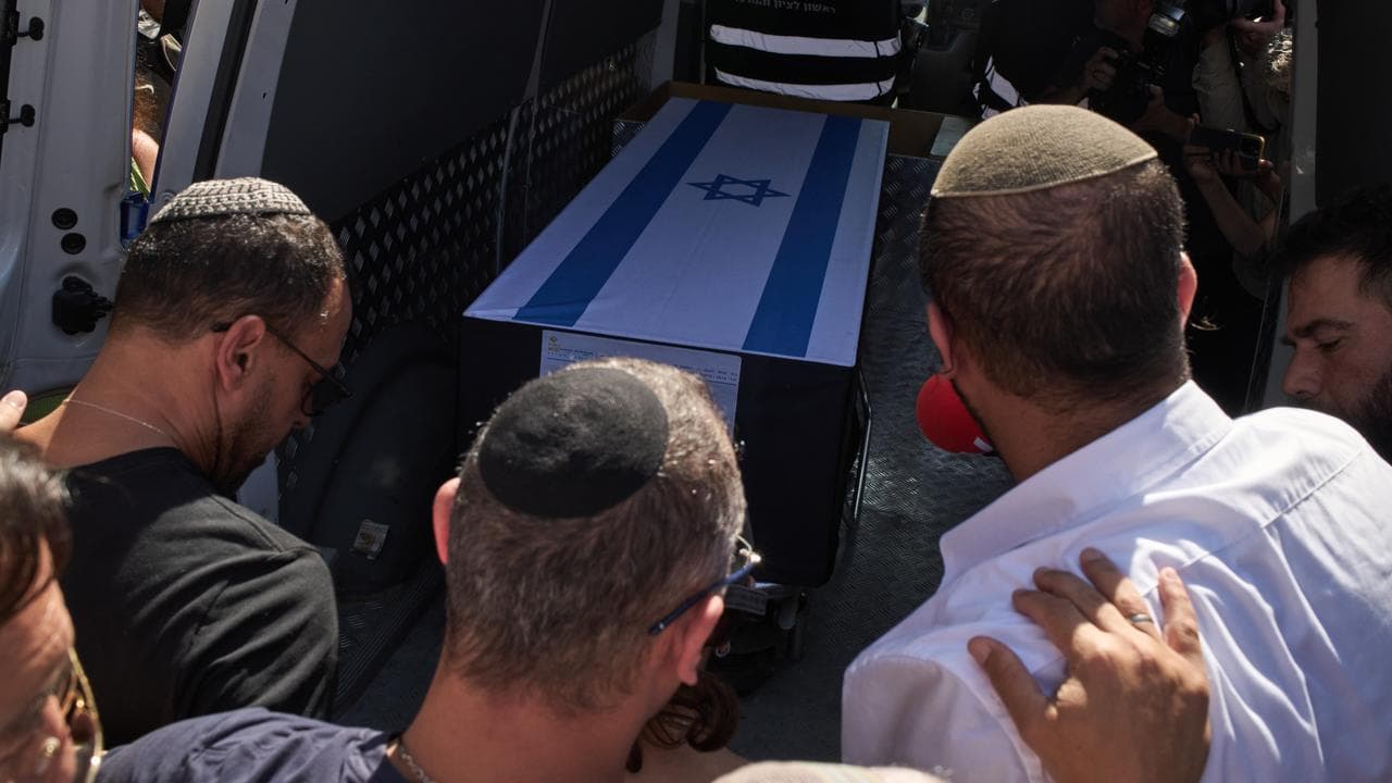 The coffin of an Israeli hostage