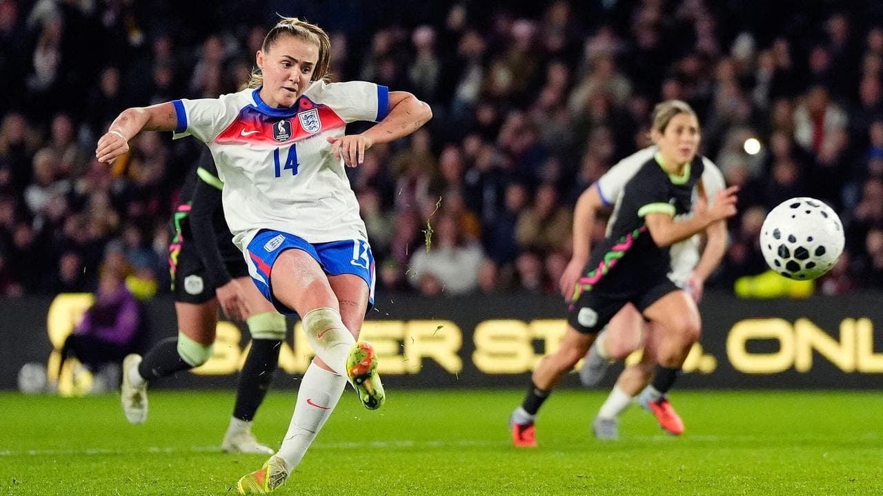 England's Georgia Stanway scores from the penalty spot.