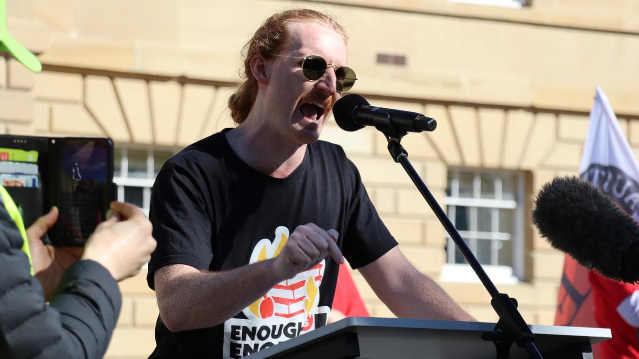 Teacher addresses a stopwork rally