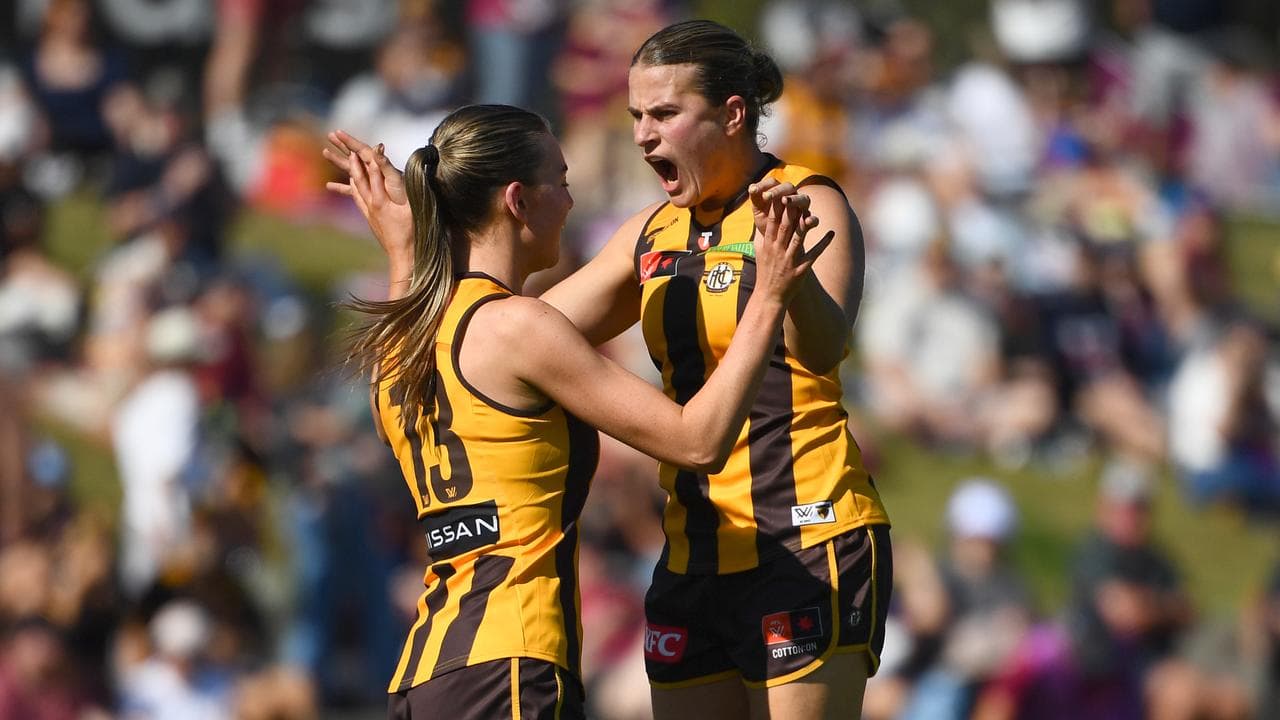 Áine McDonagh and Greta Bodey celebrate a Hawthorn goal.