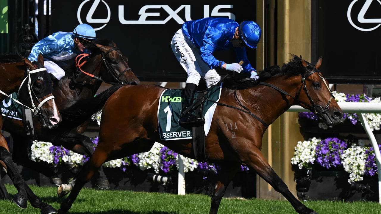 Mark Zahra rides Observer to a gutsy victory in the Victoria Derby