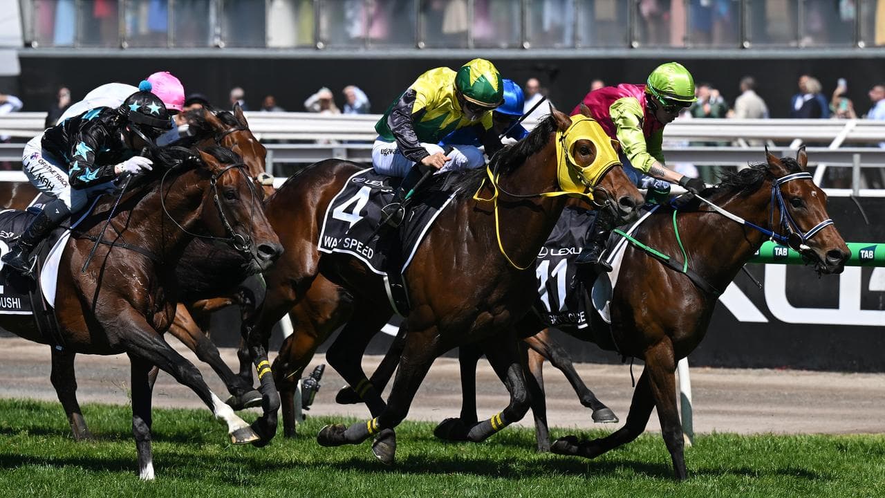 Knight's Choice (right), ridden by Robbie Dolan, wins Melbourne Cup