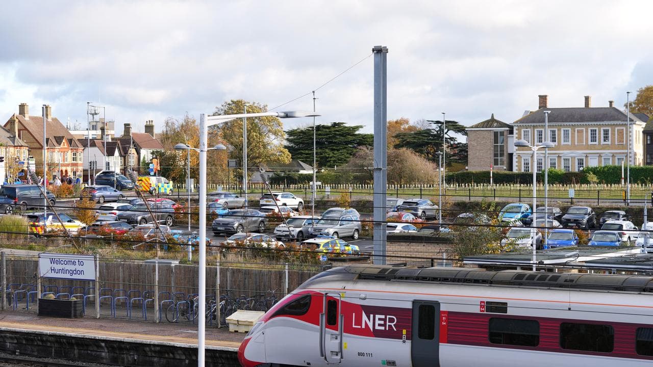 A train is stopped at Huntingdon