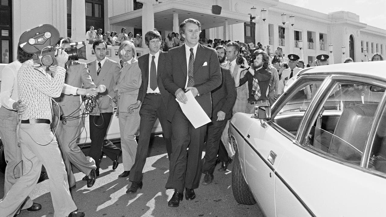Opposition leader Malcolm Fraser leaves parliament