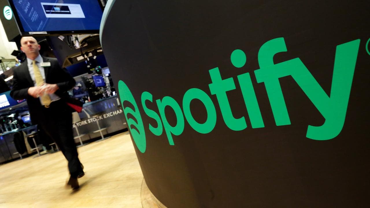 The Spotify logo on the floor of the New York Stock Exchange